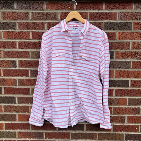 Express White and Red Button Down Collared Striped Shirt - Picture 1 of 3